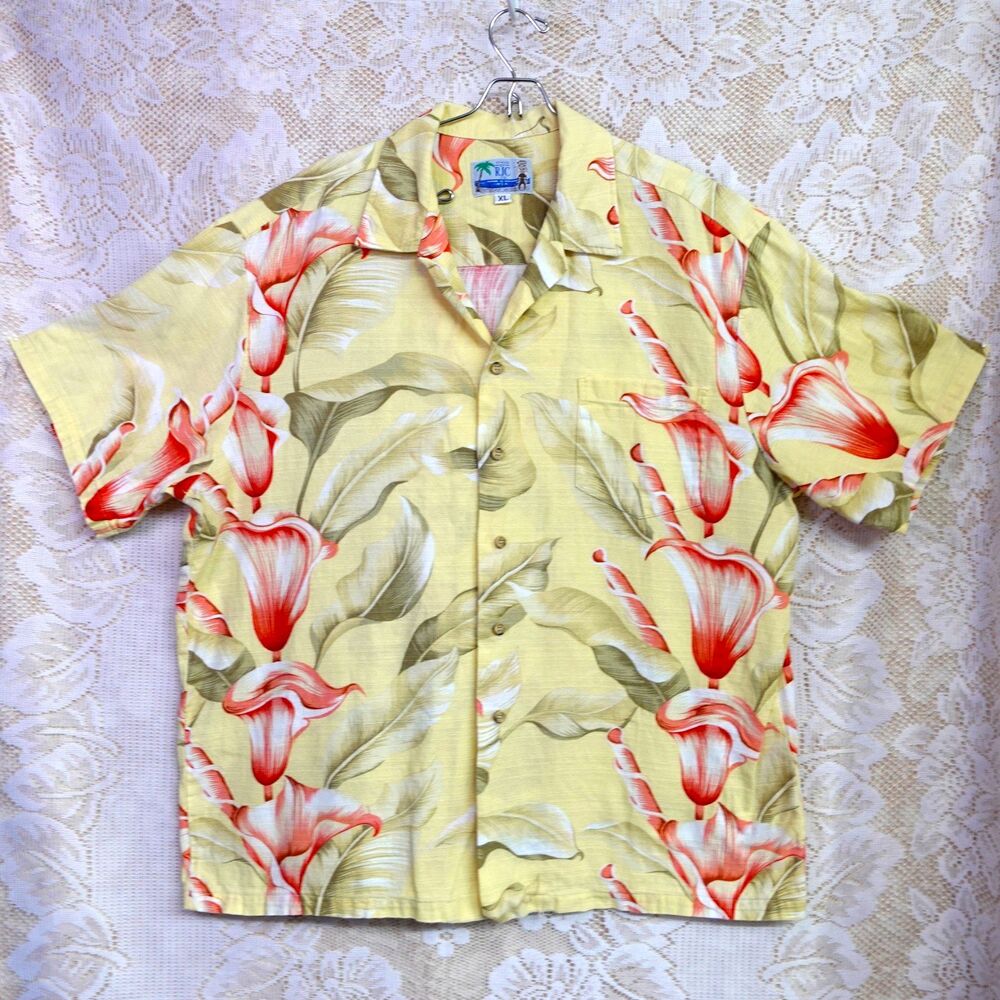 Styled by RJC Vintage 90s Hawaiian Shirt Mens XL Cotton Tropical Floral Yellow